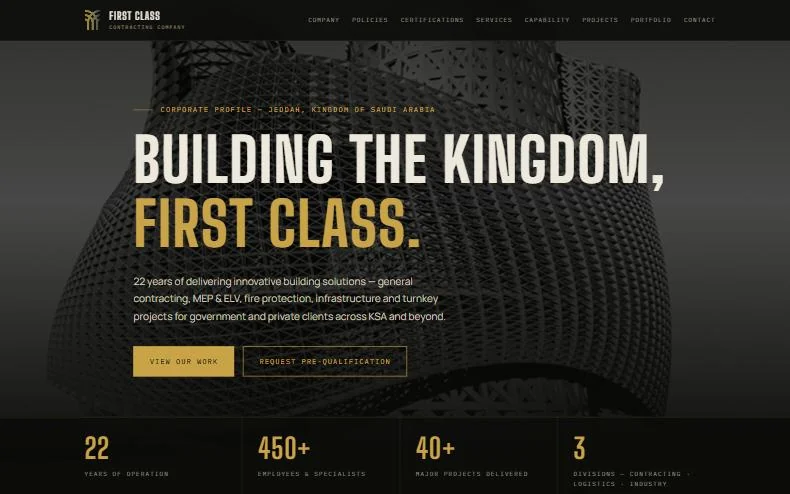 Home page of the First Class Contracting Company website, built by Innov8 AI Solutions