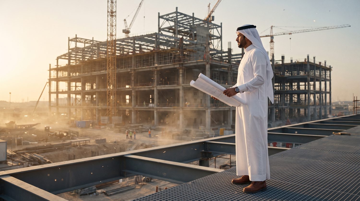 Man in a white kandura reviewing drawings on a high-rise construction site at sunset, tower cranes behind him.