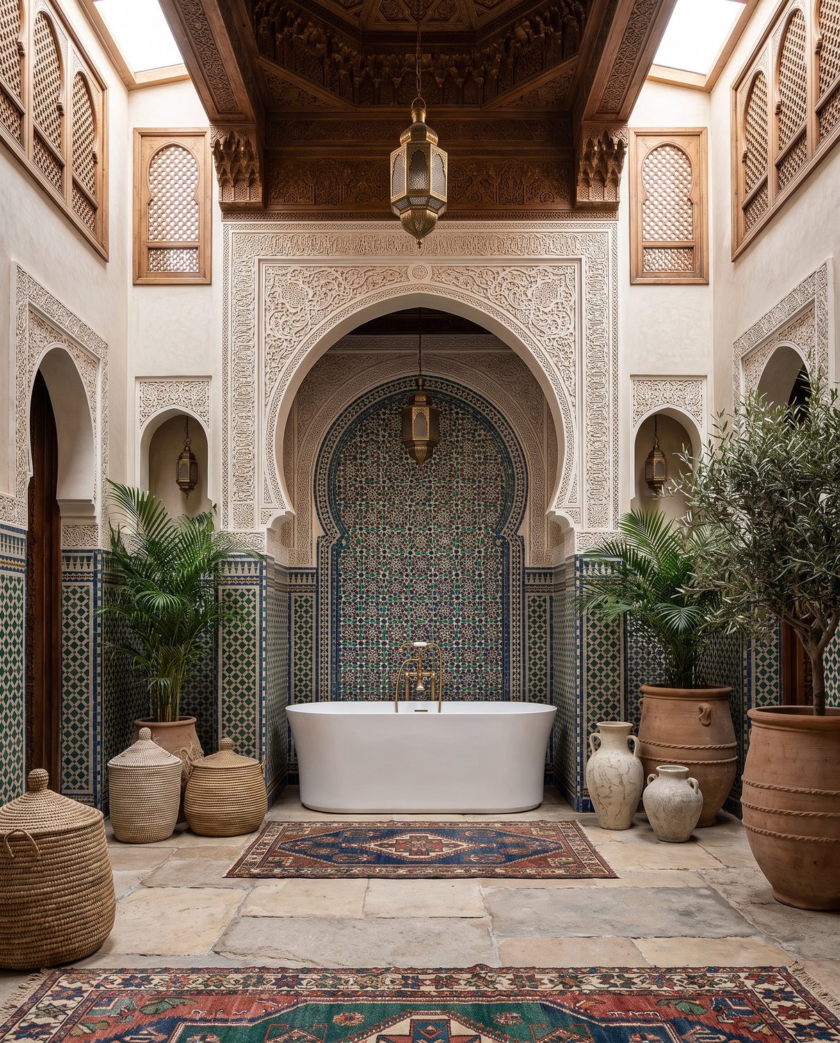 Freestanding bathtub in a Moroccan riad courtyard with carved arches, zellige tilework and potted palms.