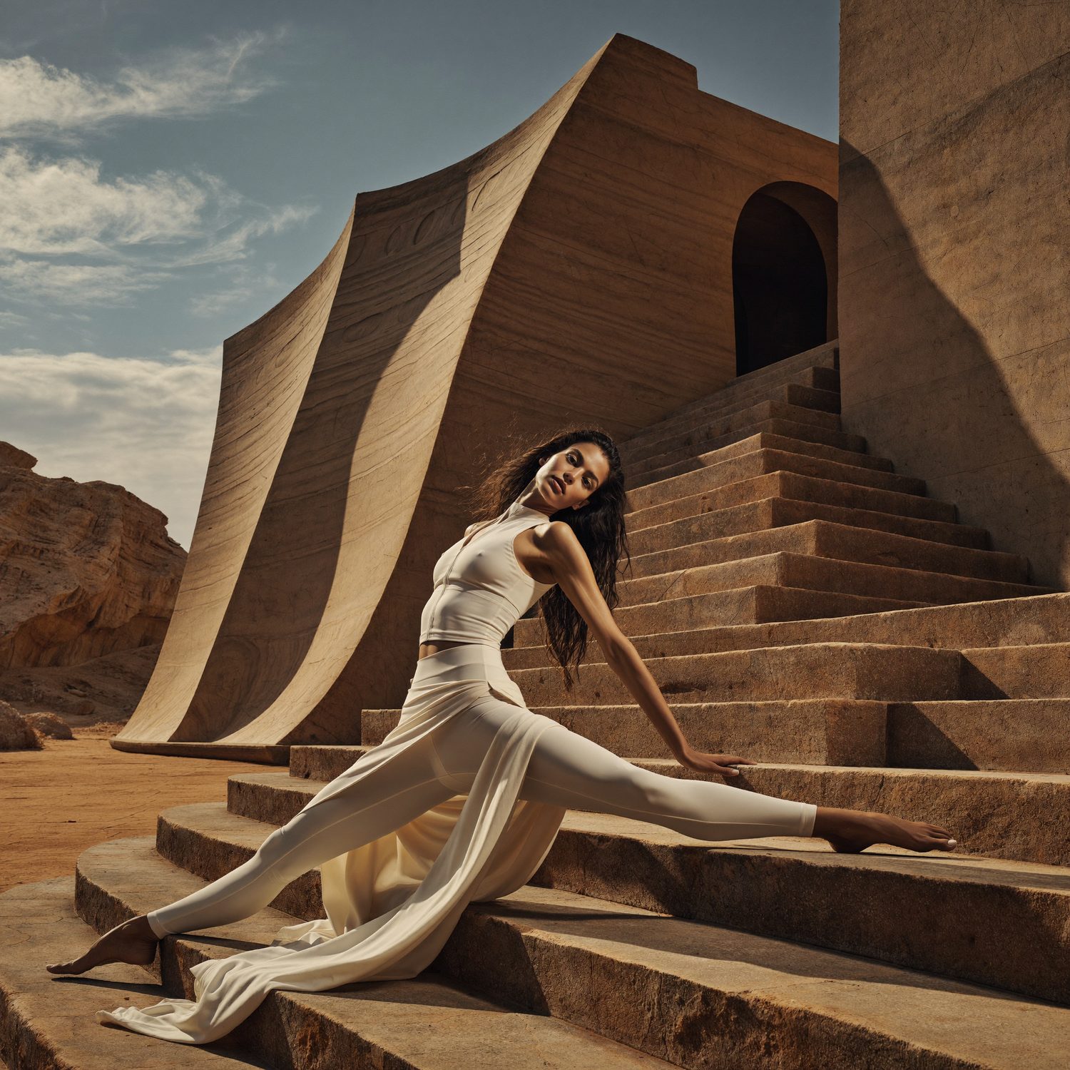 Dancer in a cream bodysuit stretched across sandstone steps beneath a sculptural desert building.