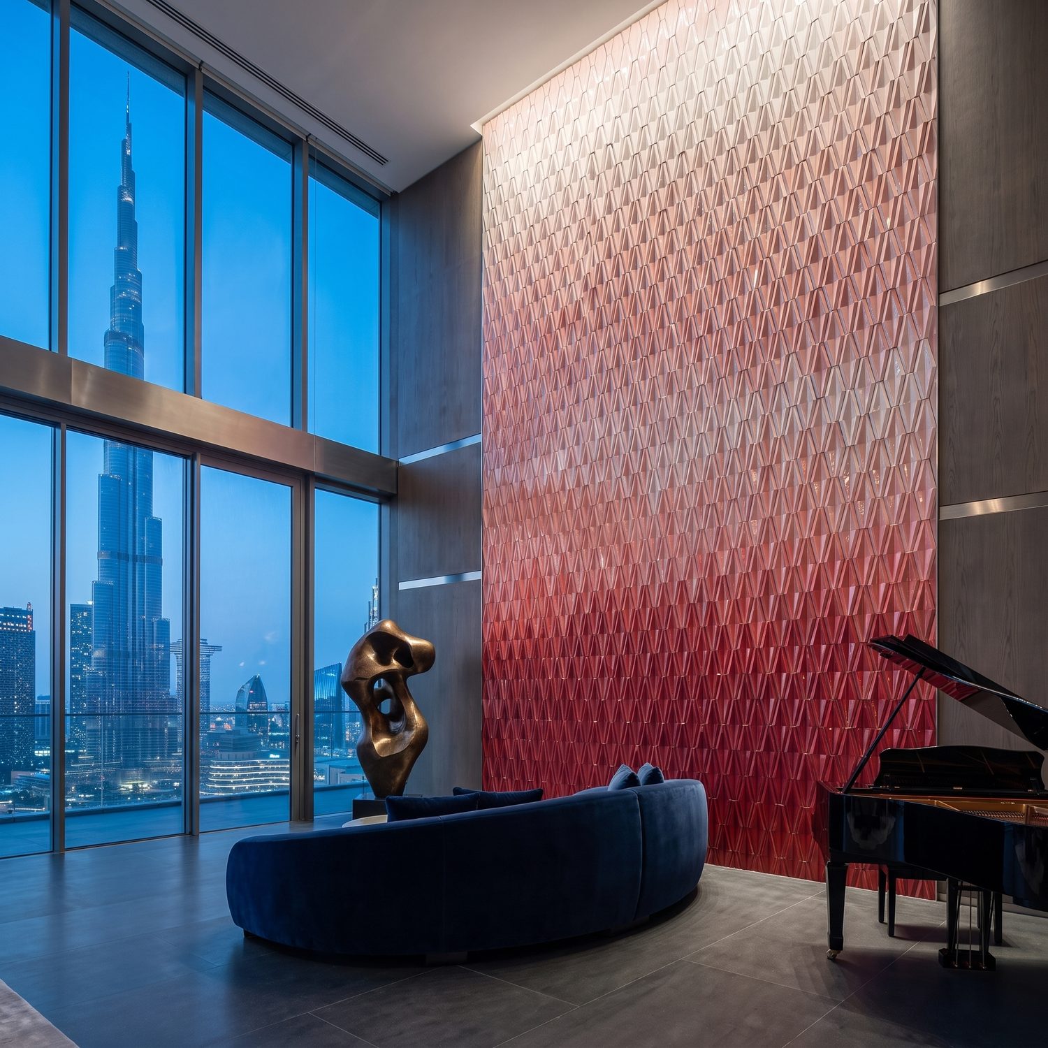 Lounge with a textured terracotta feature wall, navy curved sofa and floor-to-ceiling windows showing the Dubai skyline at dusk.