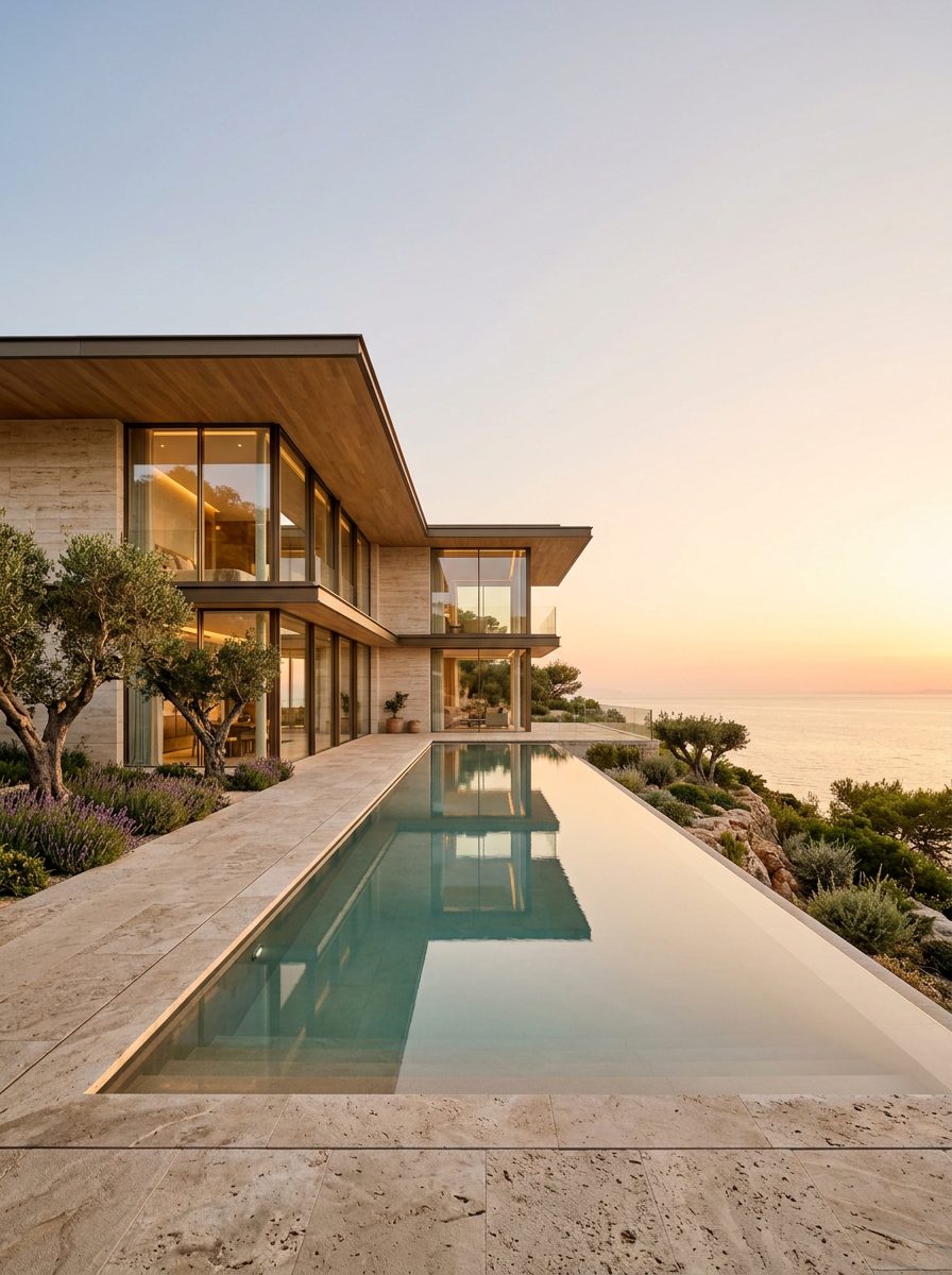 Contemporary stone villa with a long reflecting pool, photographed at dusk against a pale sky.